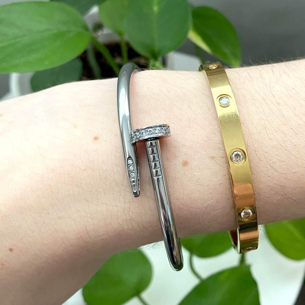 Silver Nail Bangle Hinged Cuff Bracelet with Crystal Accents